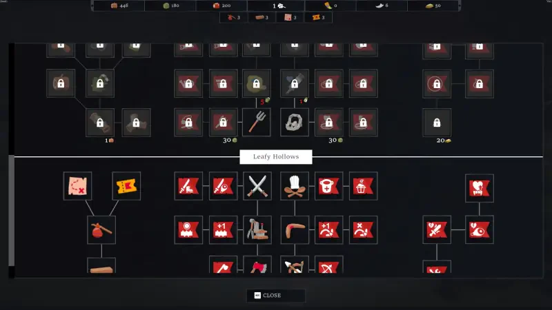 A skill tree interface from the video game EcoGnomix, featuring various locked and unlocked abilities represented by icons in a grid format.
