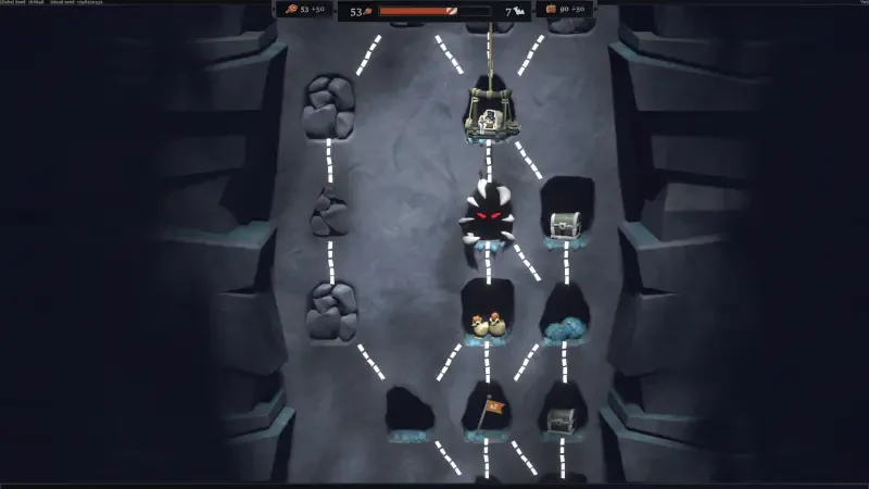 A screenshot from the video game EcoGnomix, featuring a strategic layout with pathways connecting various elements within a rocky environment.
