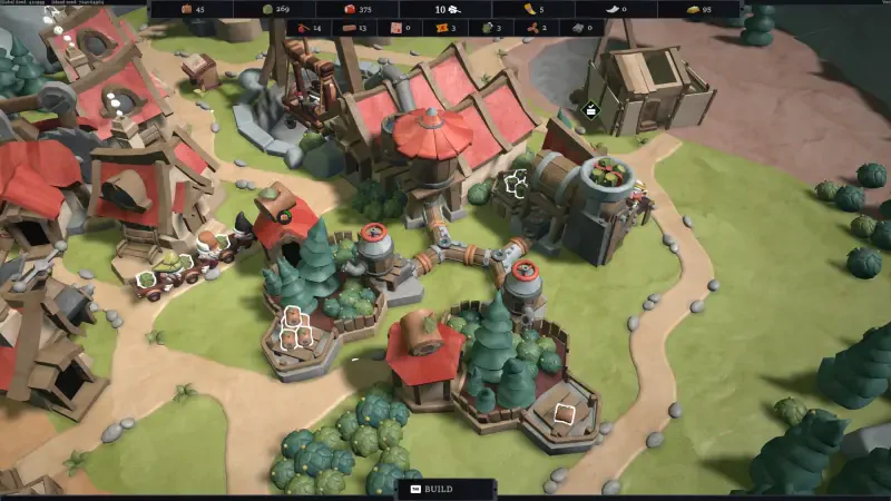 A vibrant game scene from EcoGnomix, showcasing a structured village with buildings, greenery, and pathways, inviting players to explore its eco-friendly environment.