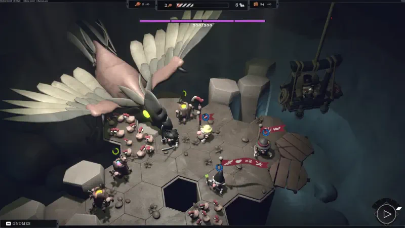 A scene from the video game EcoGnomix shows a strategic battle with a giant bird, colorful characters, and a unique hexagonal landscape, set in a dynamic, immersive environment.