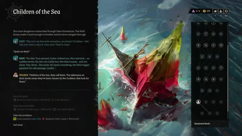 An artistic depiction from the video game Rogue Waters, featuring colorful ships on a turbulent sea, accompanied by contextual text about Children of the Sea and gameplay elements.