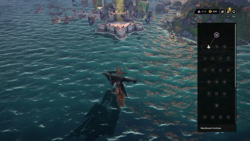 A ship navigates through shimmering waters near a coastal settlement in the video game Rogue Waters, showcasing a vibrant marine setting and engaging gameplay elements.