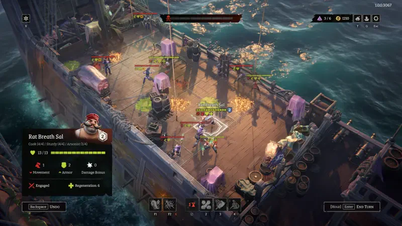 Players strategize in a tactical scenario of the video game Rogue Waters, battling enemies on a ship deck surrounded by water and a dynamic environment.