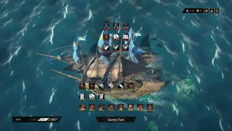 An overhead view of a ship from the video game Rogue Waters, featuring crew members displayed above the deck and a vibrant ocean background.