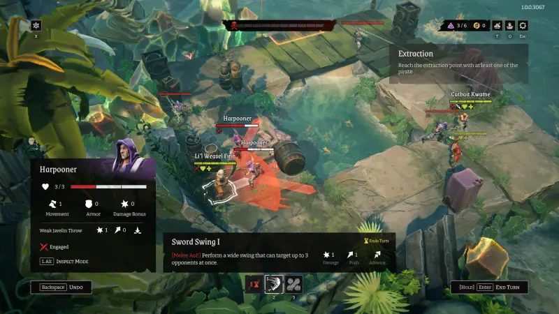 Gameplay scene from the video game Rogue Waters, featuring intense action with characters battling in a lush, tropical environment, showcasing strategy and combat mechanics.