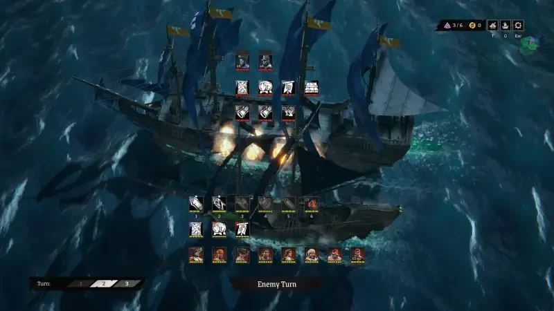 A fleet of colorful ships navigates turbulent waters, showcasing characters and stats from the video game Rogue Waters, highlighting an engaging naval combat scene.