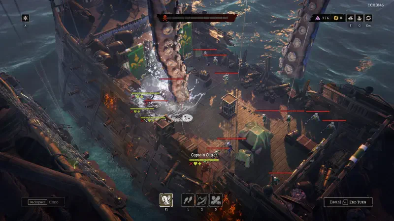 A chaotic scene from the video game Rogue Waters, showcasing a battle on a ship amidst waves, with combatants engaged and dramatic visuals of tentacles and surroundings.