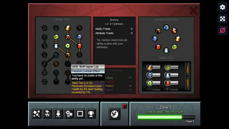 Game interface from the Sonny Legacy Collection, displaying skill trees, player stats, and available abilities for character development in a turn-based gameplay setting.