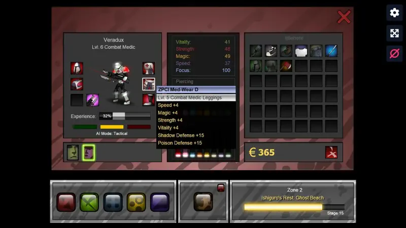 Screenshot from the Sonny Legacy Collection video game, displaying a character menu with stats, equipped items, and inventory for player customization.