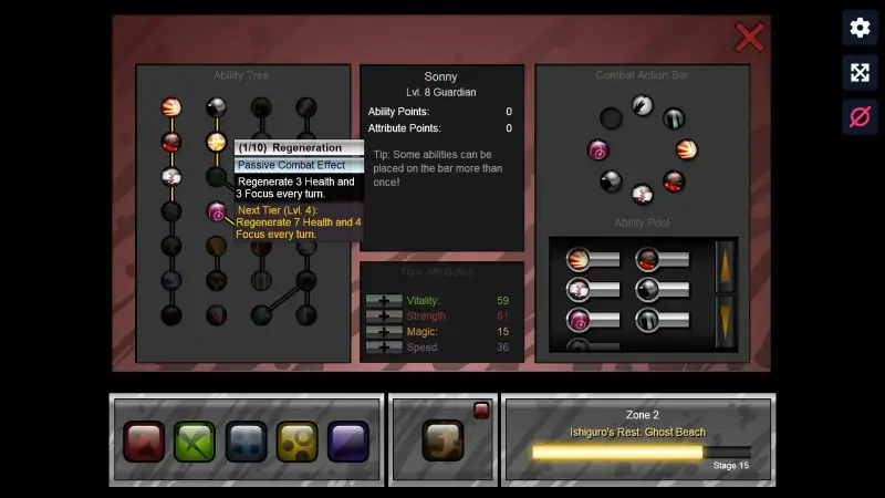Gameplay interface from the Sonny Legacy Collection, showcasing character abilities and stats, featuring skill trees and options for customization.