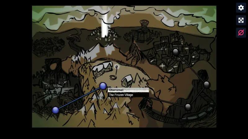 A stylized map from the video game Sonny Legacy Collection, featuring mountains, a village, and various locations marked for exploration. The landscape is illustrated with a unique artistic flair.