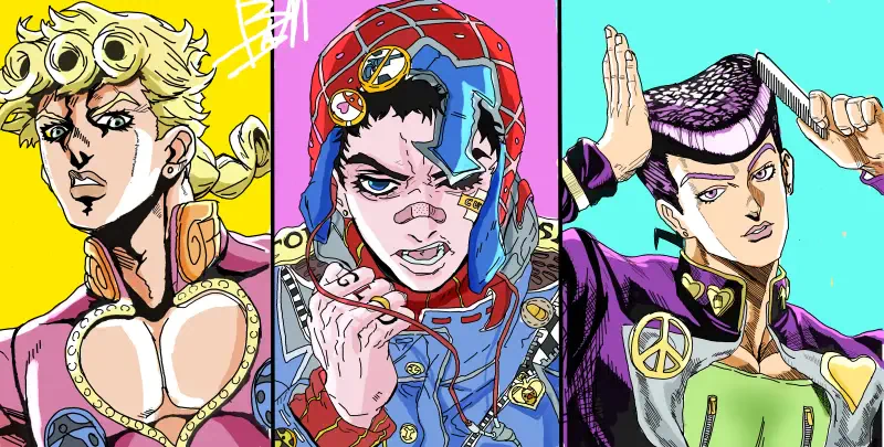 Three bold JoJo's Bizarre Adventure characters: a blond with heart-shaped chest cutout, a blue-hooded intense fighter, and a purple-pompadour posing against vivid panels.