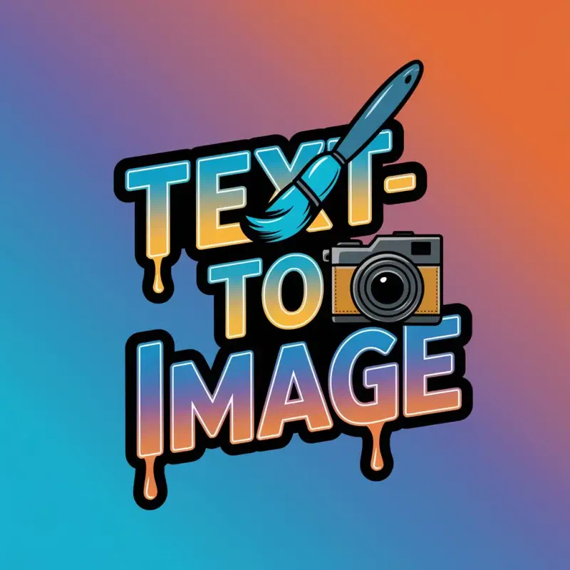 Colorful graphic featuring the words Text-to-Image with a paintbrush and camera design, set against a gradient background of blue and orange hues.