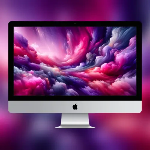 An iMac displays a vibrant, swirling abstract background of pink, purple, and blue hues, showcasing its sleek design and high-resolution screen.