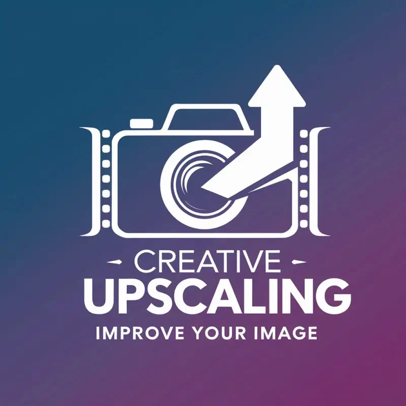 Graphic featuring a camera graphic with an upward arrow, accompanied by text that reads Creative Upscaling and Improve Your Image, set against a gradient background.