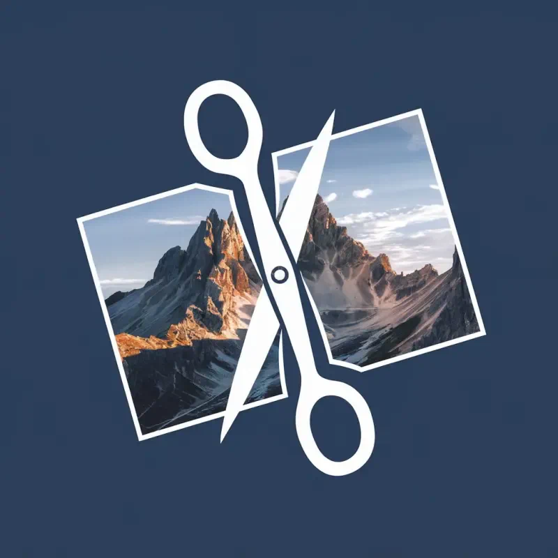 An illustration featuring a pair of scissors cutting through a scenic landscape photograph, symbolizing editing or customization of images.