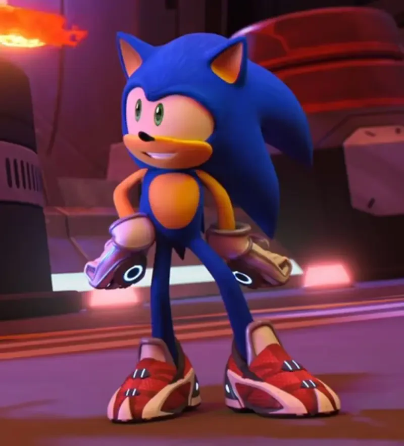 Sonic the Hedgehog stands confidently in a high-tech environment, showcasing his iconic blue fur and red shoes from Sonic Prime.