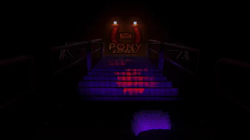 A dark, stylized video game scene featuring a stairway illuminated by glowing lights, leading towards a sign that reads Pony, evoking a mysterious atmosphere.