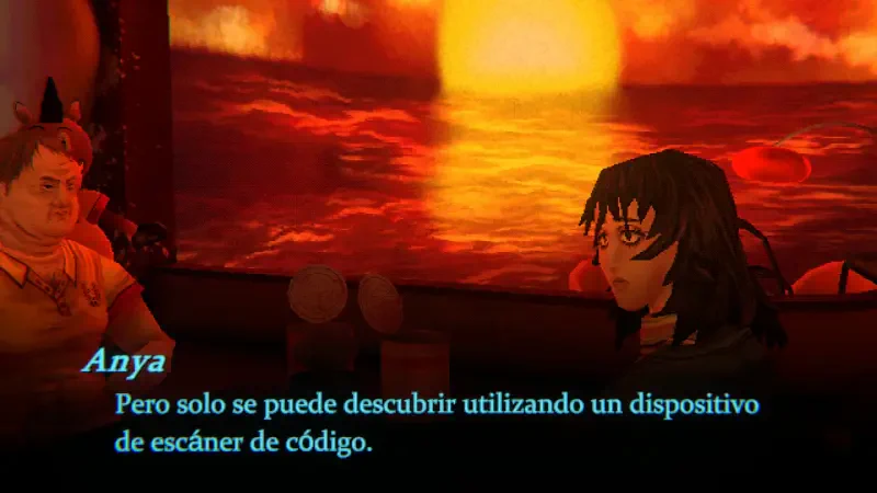 Two characters discuss a code scanner against a sunset backdrop. This scene is from a video game involving themes of exploration and discovery.