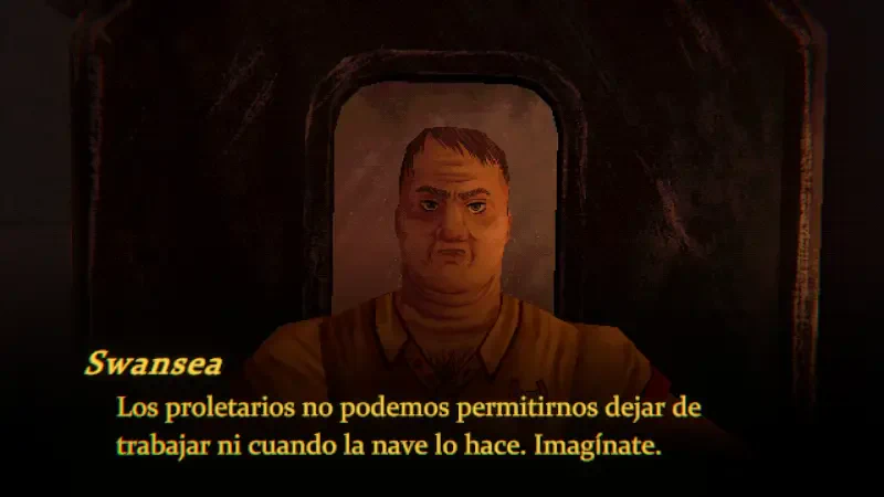 A character from a video game, named Swansea, is shown speaking about the struggles of the proletariat in a stylized, mouthwashing-themed setting.