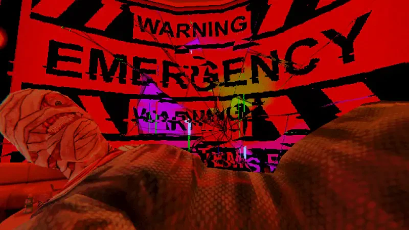 A close-up view of a character in a video game, lying down with a warning sign reading EMERGENCY in the background, evoking a sense of urgency related to mouthwashing.