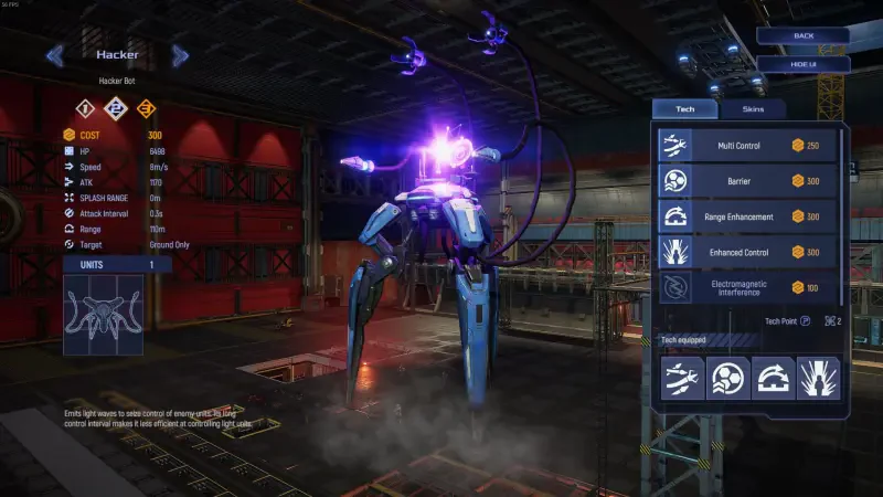 A detailed view of a mech from the video game Mechabellum, showcasing its features and abilities in a high-tech environment filled with advanced machinery.