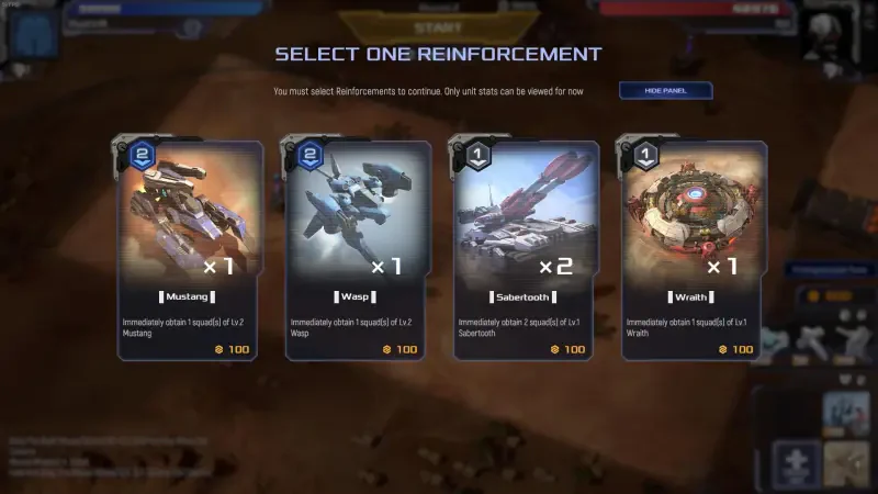 A screenshot from the video game Mechabellum showcasing a selection screen for reinforcement units, displaying various mech options with stats and costs.