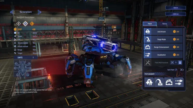 A blue mech with advanced weaponry stands in a futuristic workshop, showcasing the gameplay interface from the video game Mechabellum.