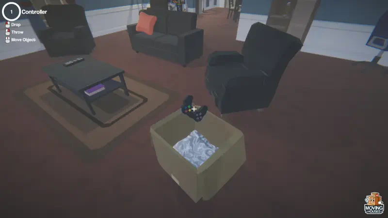 A cozy living room scene from the video game Moving Houses, featuring a cardboard box filled with items, a coffee table, and comfortable chairs in a warm, inviting setting.