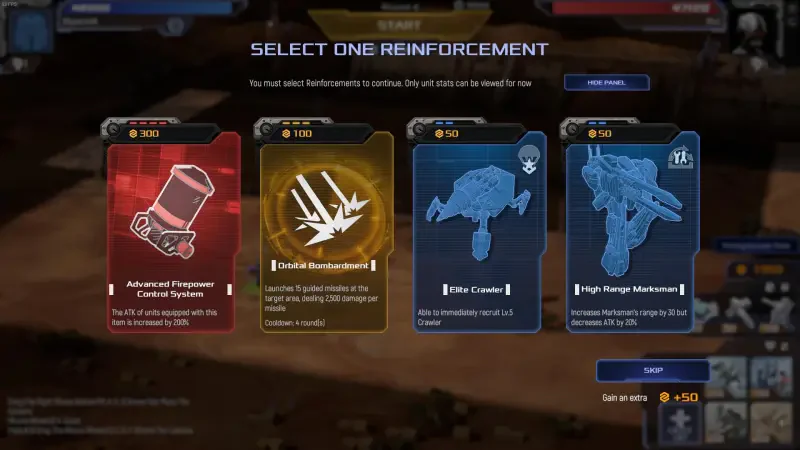 A screenshot from the video game Mechabellum, displaying a selection of reinforcements with various options outlined, including weapons and systems for gameplay strategy.