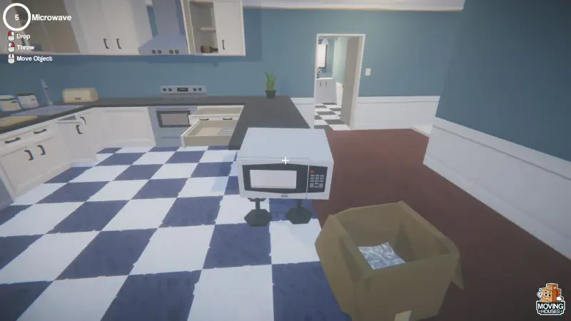 A cozy kitchen scene from the video game Moving Houses, featuring a microwave and a cardboard box on a checkered floor, capturing the essence of moving into a new home.
