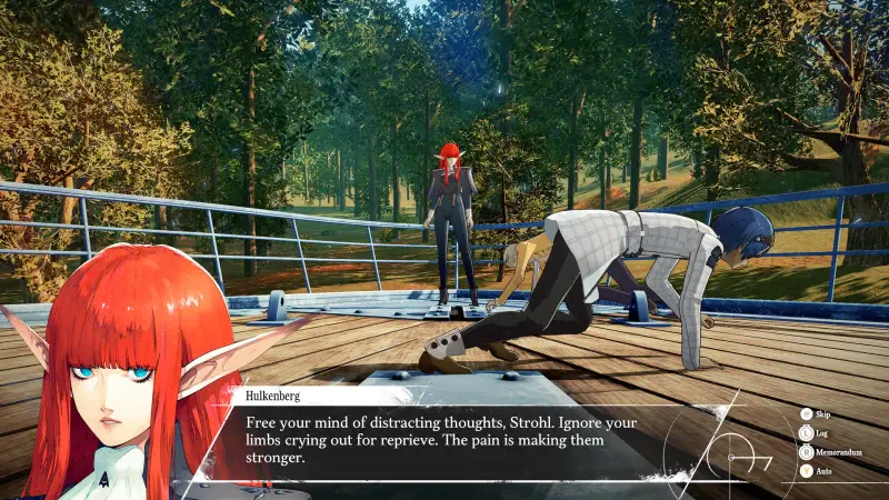 A scene from the video game Metaphor: ReFantazio, featuring a character with red hair advising another character to push through pain while surrounded by a lush forest.