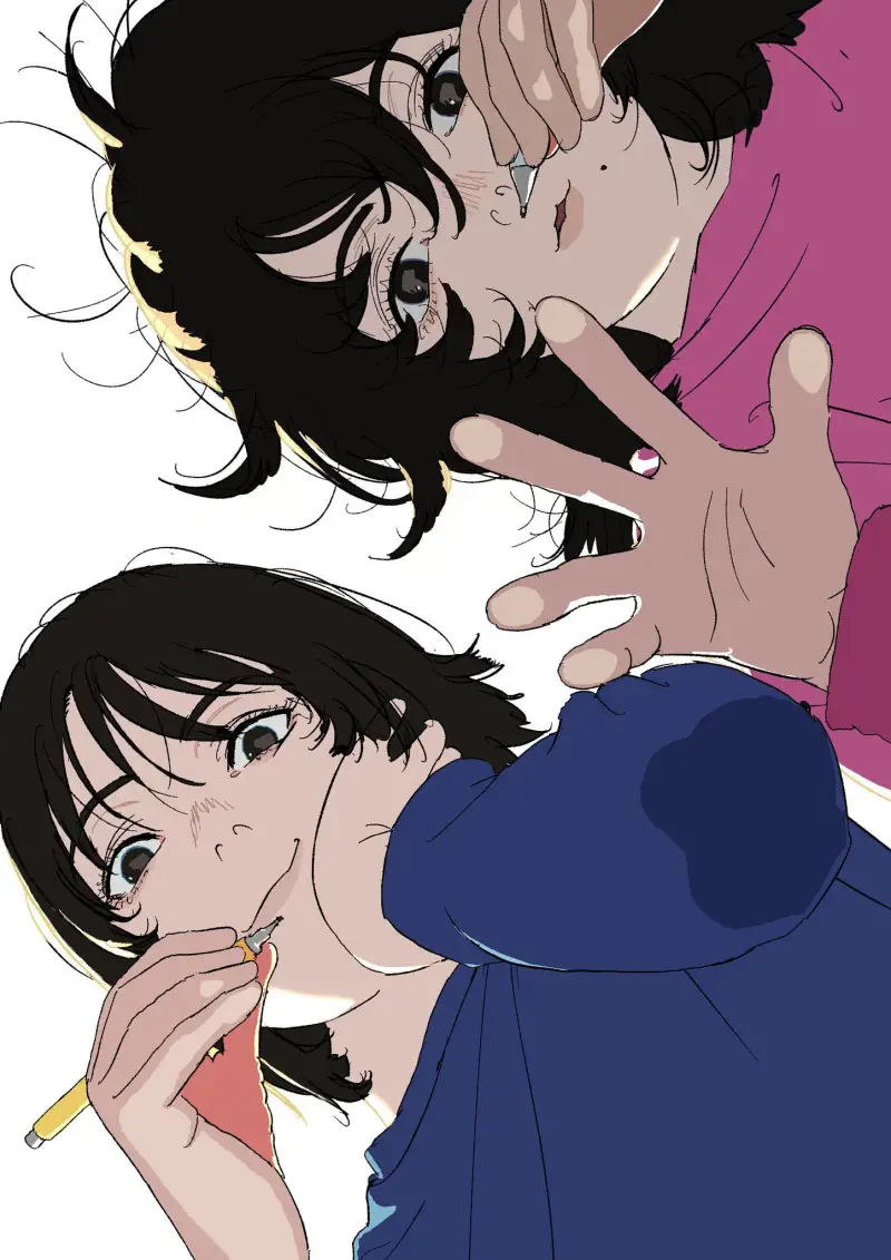 Two characters from the anime Look Back are depicted, one playfully reaching out while the other holds a pencil, capturing a moment of creativity and connection.
