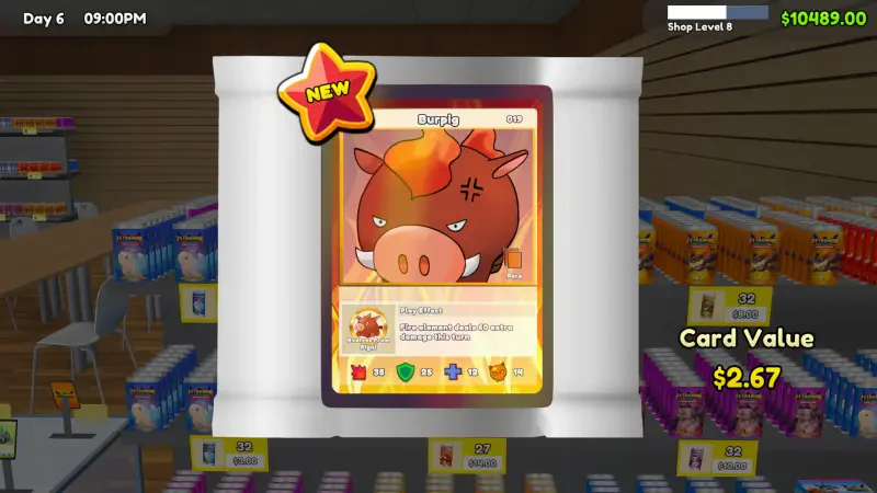 A new card, featuring a boar character, is displayed in the TCG Card Shop Simulator. The card's value is $2.67, surrounded by various card packs in a vibrant shop setting.