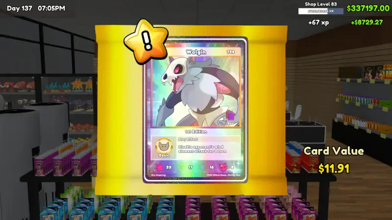 A vibrant scene from the TCG Card Shop Simulator, featuring a rare card display with a highlighted value of $11.91 amidst shelves filled with various card packs.