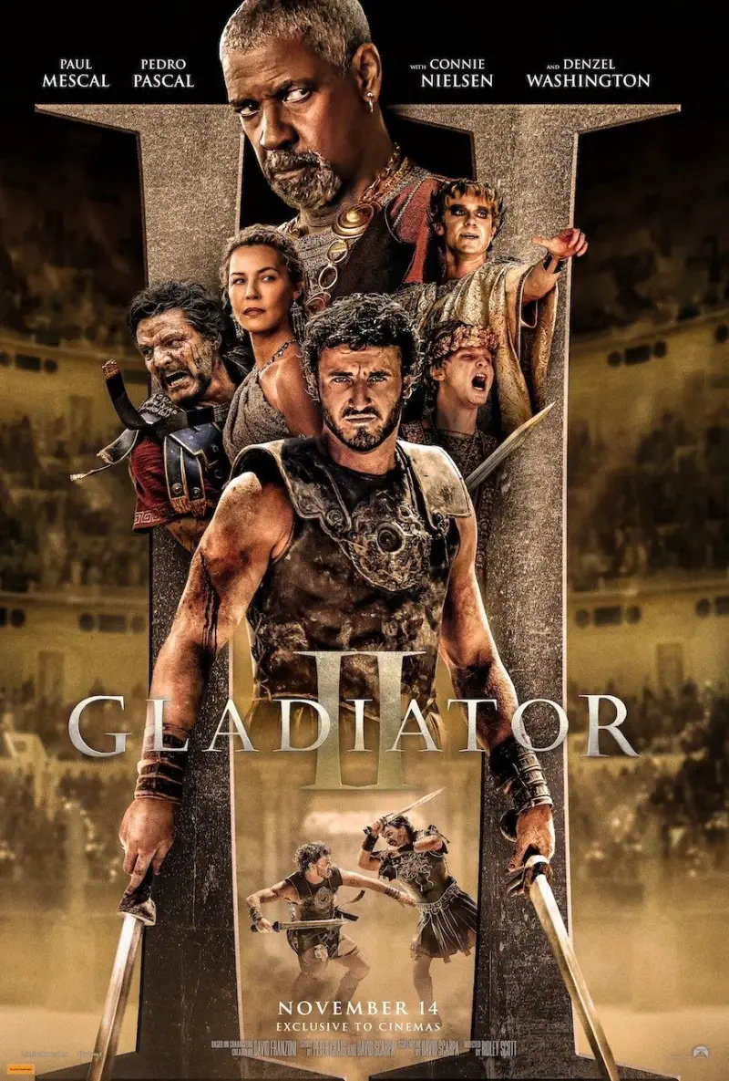 A dramatic poster for Gladiator II, featuring intense characters in a coliseum setting, highlighting themes of battle and rivalry. Release date: November 21.