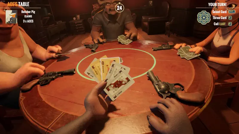 A scene from the video game Liars Bar, featuring players at a table with cards and revolvers, engaged in a tense moment of poker. The atmosphere is dramatic and intense.