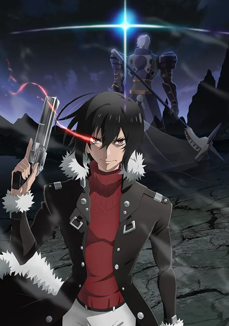A character from the anime The Most Notorious Talker Runs the World's Greatest Clan stands confidently with a gun, showcasing a dramatic scene with a shadowy figure in the background.