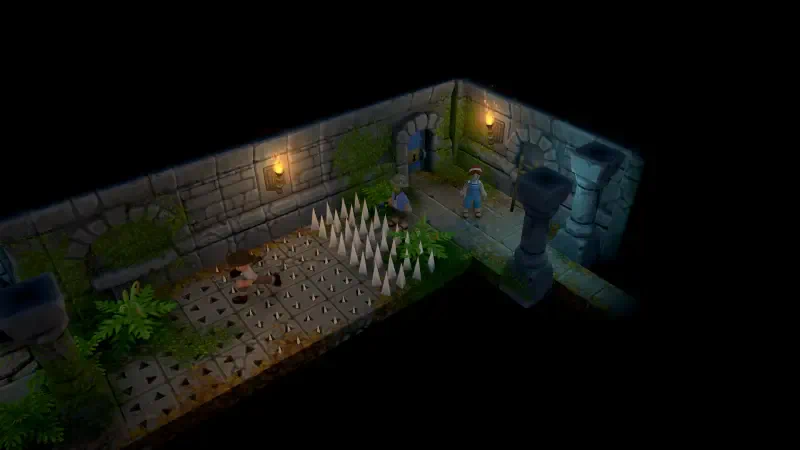 A dimly lit scene from the video game Luma Island, featuring a stone chamber with glowing lights, plants, and a row of sharp spikes on the floor. Two characters explore the eerie environment.