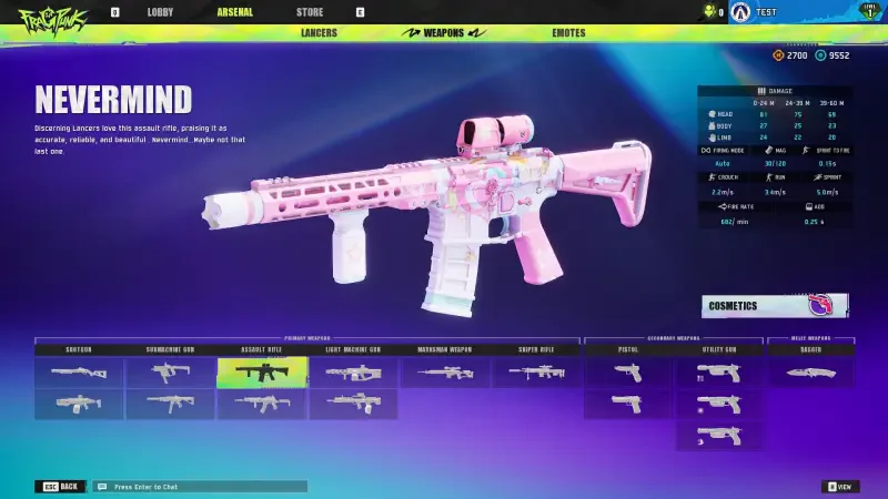 A colorful weapon customization screen from the video game FragPunk, showcasing a pink-themed assault rifle named Nevermind with various stats and options displayed.