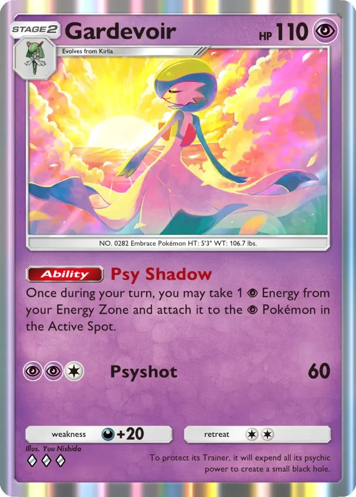 A Gardevoir card from the Pokémon Trading Card Game Pocket, featuring its HP, abilities, and a vibrant background, highlighting its Psychic type powers and energy mechanics.