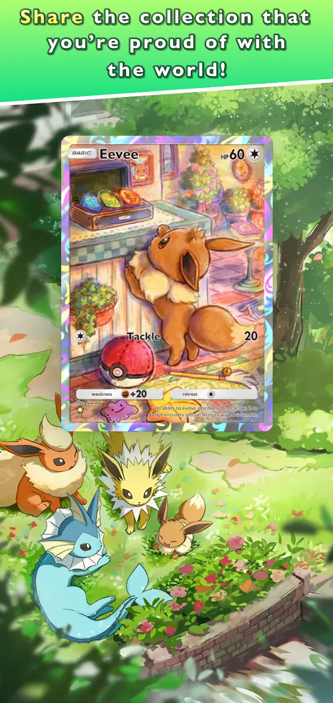 An Eevee card from the Pokémon Trading Card Game Pocket is featured, surrounded by its Eeveelutions in a vibrant garden setting, showcasing a collection proud moment.