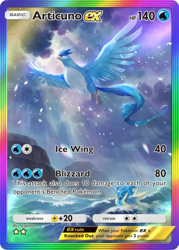 Articuno ex card from the Pokémon Trading Card Game Pocket, featuring the ice-type Pokémon with HP 140, showcasing its Ice Wing and Blizzard attacks.
