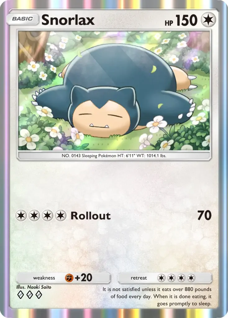 A Pokémon Trading Card Game card featuring Snorlax, a sleepy Pokémon, lying in a field of flowers, showcasing its HP of 150 and the ability Rollout.