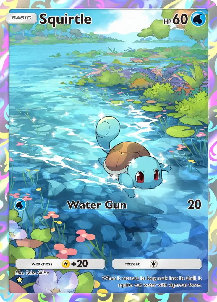 A Squirtle from the Pokémon Trading Card Game Pocket swims in a vibrant blue water scene, using its Water Gun attack. The card highlights Squirtle's HP and abilities amid colorful foliage.