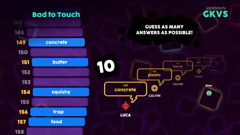 A gameplay scene from The Jackbox Survey Scramble, featuring answers ranked as Bad to Touch, with players guessing and a countdown timer displayed prominently.