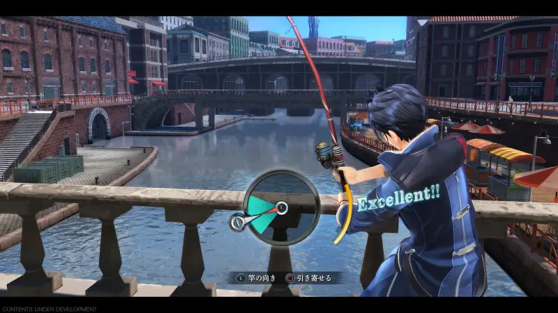 A character from *The Legend of Heroes: Trails through Daybreak II* stands on a balcony, preparing to fish in a scenic river, with a vibrant urban backdrop.