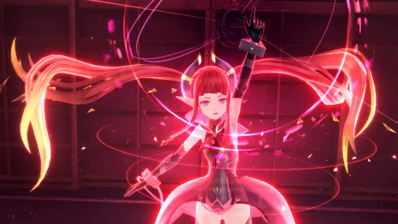 A character from the video game The Legend of Heroes: Trails through Daybreak II, showcasing vibrant red hair and dynamic magical effects in a striking pose.