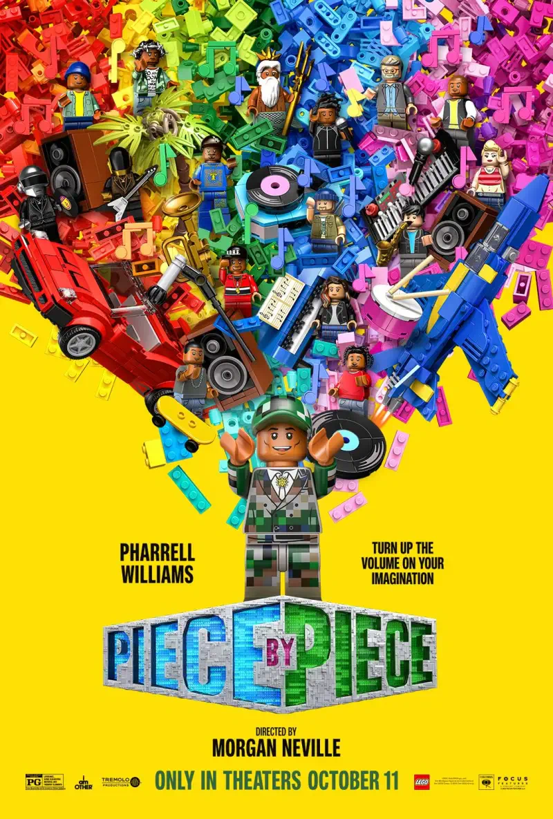 Colorful movie poster for Piece by Piece, featuring Lego figures and music elements, directed by Morgan Neville, showcasing Pharrell Williams. In theaters October 11.