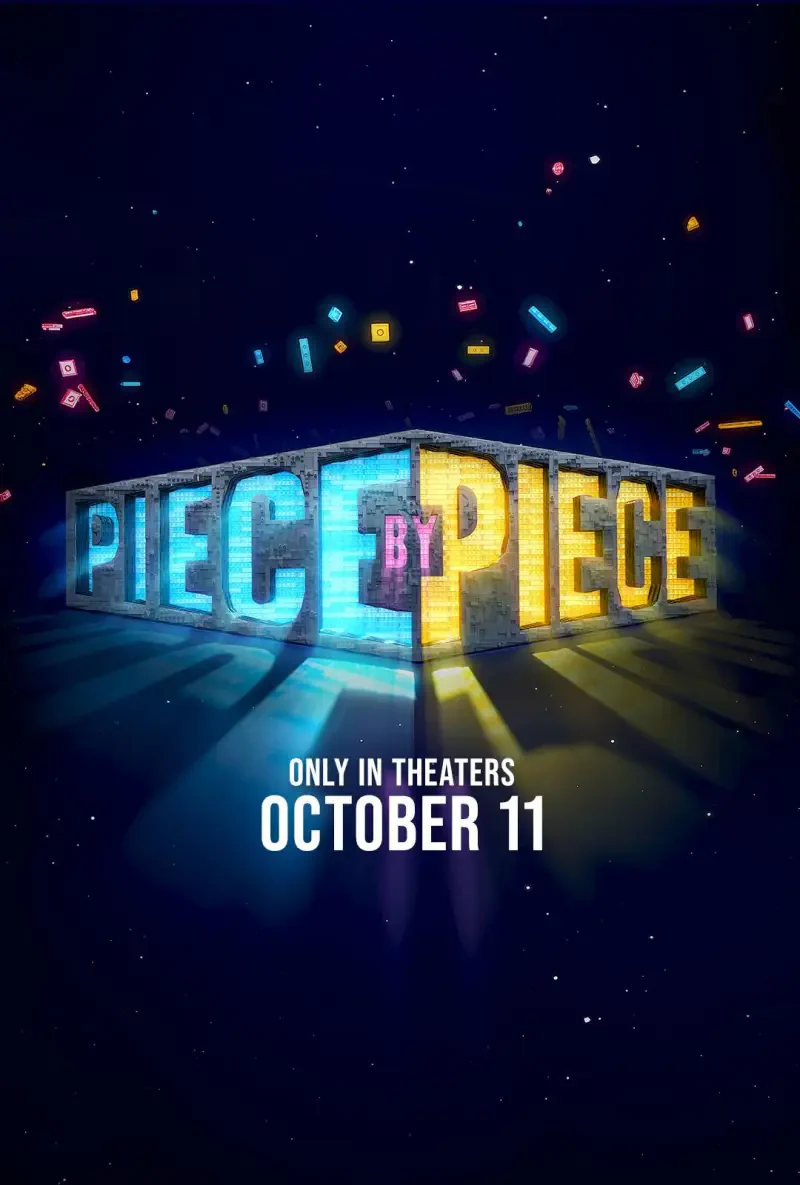 A vibrant promotional poster for the movie Piece by Piece, featuring bold lettering and colorful digital effects, with the release date: only in theaters October 11.